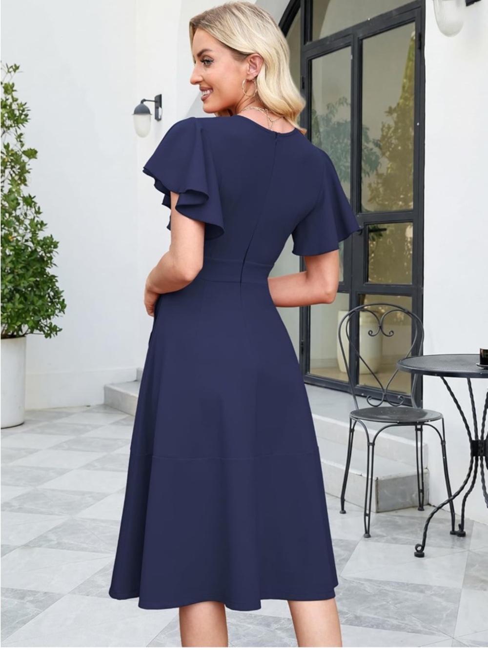 V-Neck Navy High-Low Ruffle Dress - Picture 2 of 4